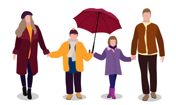 矢量插图的人在秋天的衣服孤立在白色的背景。父亲，母亲，女儿和儿子的角色在时尚的平面卡通风格。幸福的家庭图片下载