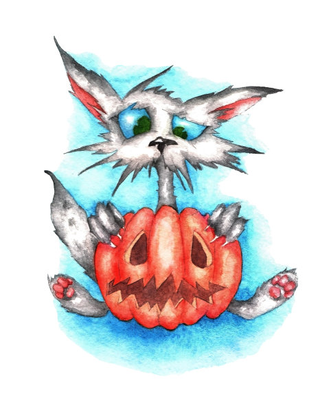 一只猫和一个南瓜(万圣节)，水彩画图片下载