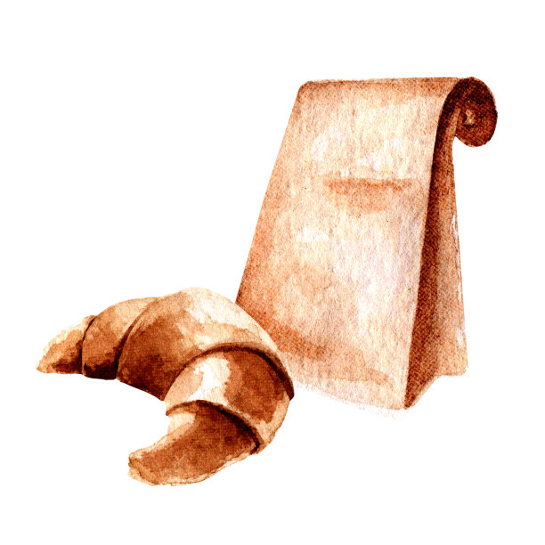 水彩插图的一个羊角面包和一个包装与咖啡米色。可爱的秋季插画装饰，装饰，工艺品，印刷，印刷品，贴纸等。图片下载