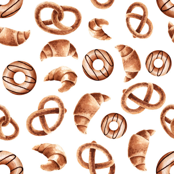 无缝图案，椒盐卷饼在一个轻的背景。烘烤是用水彩手绘的。图片下载
