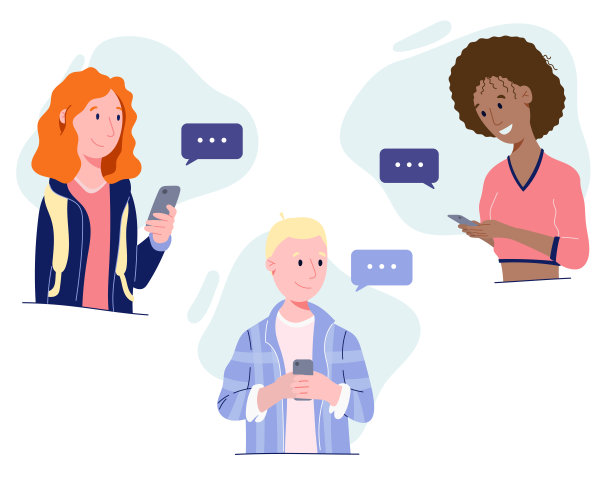 矢量平面插图。有电话的男人和女人，有短信的云。新常态图片下载