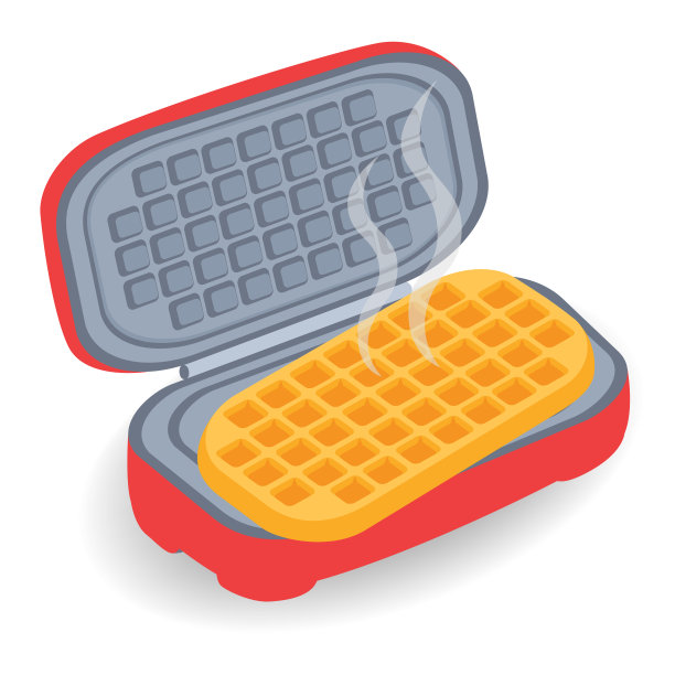 打开铁制华夫饼机，里面有热气腾腾的华夫饼，孤立在白色的背景上。红色厨房用具在烹饪过程中。烹饪，厨房，早餐的矢量插图。图片下载