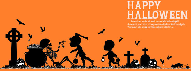 一个男孩在万圣节的晚上吓唬骷髅要糖果。有两个独特的层，黑色和白色的橙色背景。图片下载