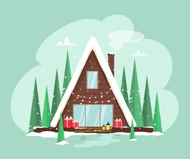 漂亮，舒适的家装饰着花环灯和礼物。圣诞快乐。节日装饰,明信片。矢量插图卡通风格。图片下载