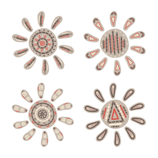 一套手绘太阳在斯堪的纳维亚风格在白色孤立的背景。涂鸦，简单的大纲插图。可用于纺织品、纸张等表面的装饰。图片下载