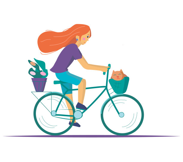 女孩骑着自行车，猫和植物在白色的背景。矢量插图，印刷，网，多角印刷等图片下载