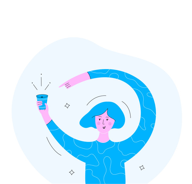 概念插图咖啡去或带自己的杯子。女孩，一手拿着一杯饮料，另一手吸引别人对杯子的注意。现代公寓风格。向量。图片下载