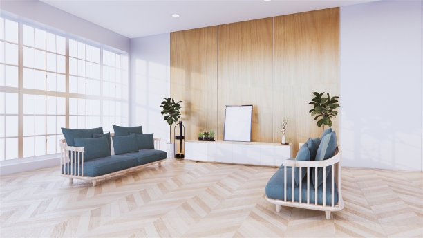 宽敞的客厅两边都是灰色的沙发，在房间的中间有一个橱柜木墙设计和木地板。三维渲染图片下载