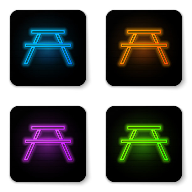 发光的霓虹野餐桌上都有长凳图片下载