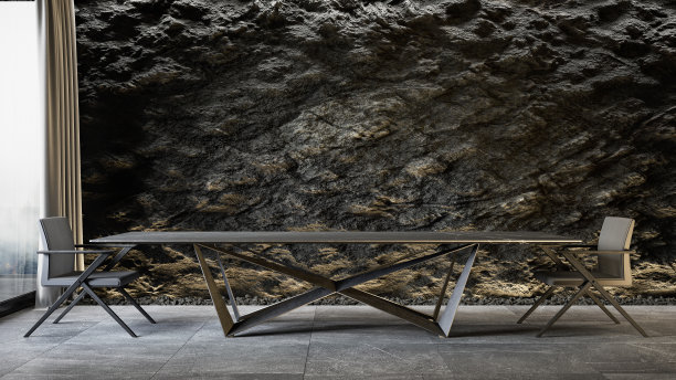 黑色石板墙和大桌椅。3d渲染模拟插图。图片下载