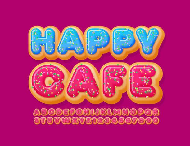 向量亮标志快乐咖啡馆。甜甜甜圈字母和数字图片下载