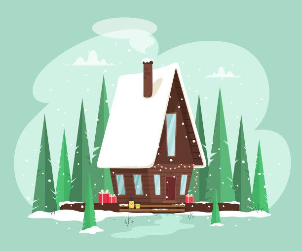 装饰着花环灯的温馨的童话般的房子。圣诞森林，童话故事。矢量插图在卡通平面风格。图片下载