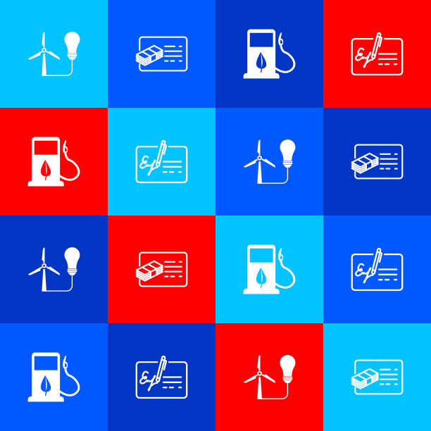 设置灯泡与风力涡轮机，财务文件，生物燃料燃料喷嘴和签名图标。向量图片下载