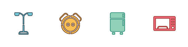 设置路灯，机器人吸尘器，冰箱和微波炉图标。向量图片下载