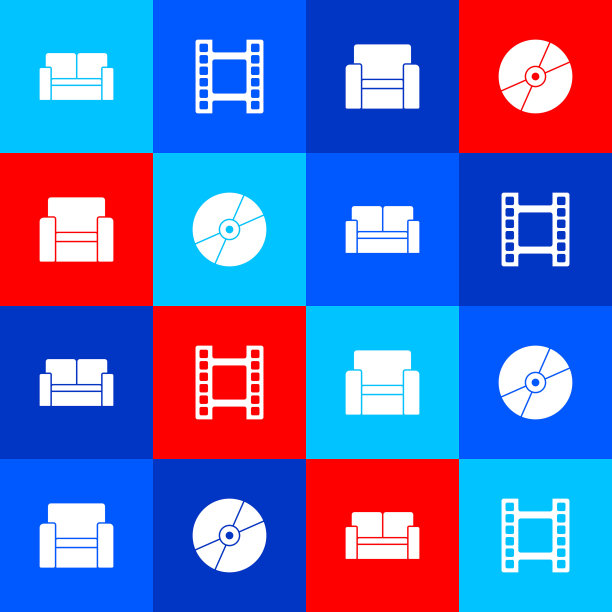 设置电影椅子，播放视频和CD或DVD磁盘图标。向量图片下载