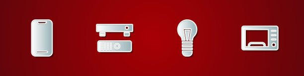 设置智能手机，多媒体和电视盒，灯泡和微波炉图标。向量图片下载