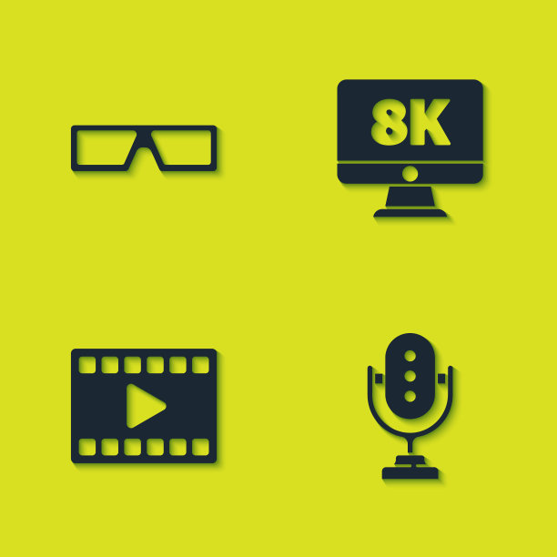 设置3D电影眼镜，麦克风，播放视频和显示器8k图标。向量图片下载