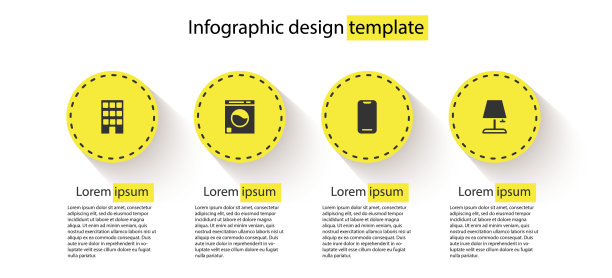 集房屋，洗衣机，智能手机和台灯。业务信息模板。向量图片下载