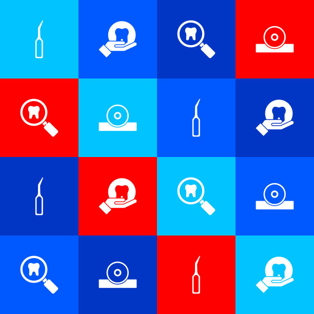 设置牙科探险家scaler，牙齿，搜索和耳鼻喉科头部反射图标。向量图片下载