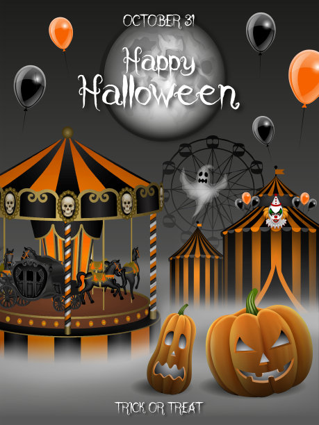 万圣节背景与南瓜，旋转木马和马戏团。万圣节闹鬼的游乐场插图图片下载