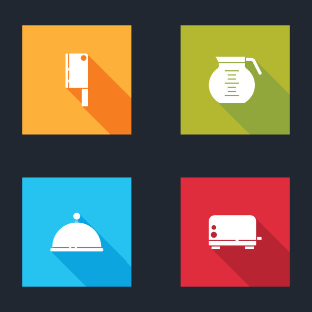 设置肉类菜刀，咖啡壶，覆盖托盘和烤面包机图标。向量图片下载