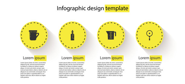 设置咖啡杯，瓶装橄榄油，测量和煎锅。业务信息模板。向量图片下载