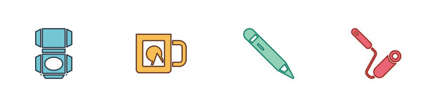 设置纸盒，咖啡杯，铅笔与橡皮擦和油漆滚筒刷图标。向量图片下载