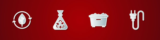 设置回收和树叶，垃圾袋回收，垃圾桶和电插头图标。向量图片下载