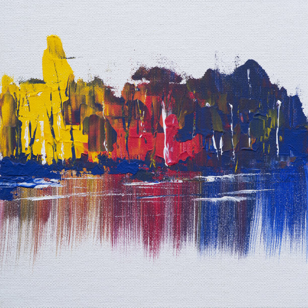 布面抽象丙烯画，手绘秋树和湖水图片下载