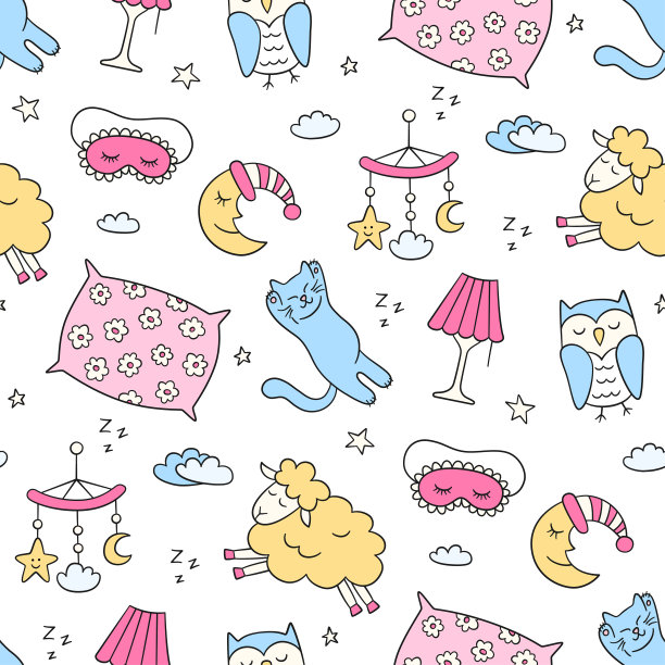 以涂鸦的方式睡觉。晚安符号-月亮，灯，睡觉的猫，枕头和更多。矢量图图片下载