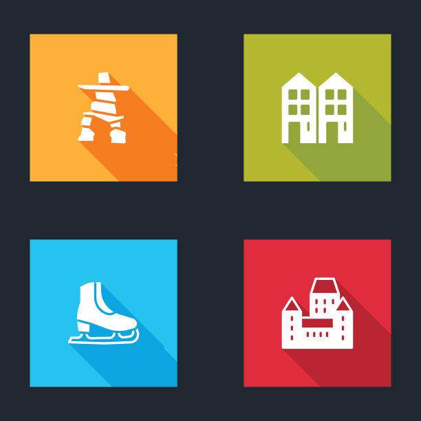 设置Inukshuk，房子，溜冰和Chateau Frontenac酒店图标。向量图片下载