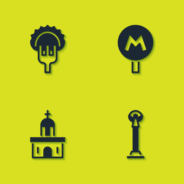 叉子上放饺子、独立纪念碑、教堂建筑和地铁标志。向量图片下载