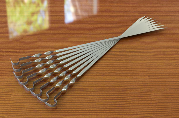 木桌上的一套烤肉叉。三维渲染图片下载