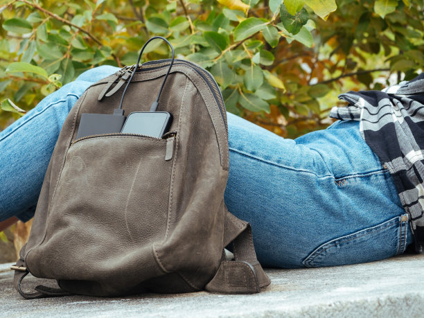 这个女孩坐在大自然中，等待智能手机从充电宝充电。运用现代科技理念，时刻保持接触。用外部电池为手机充电图片下载