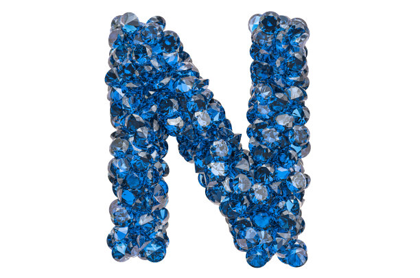 字母N，由蓝色钻石或蓝宝石切割而成。3D渲染孤立的白色背景图片下载