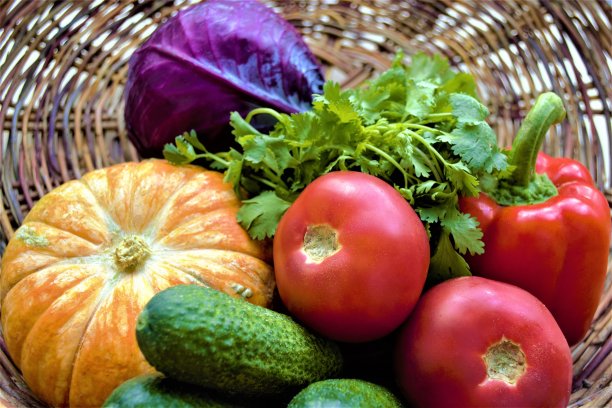 作物:蔬菜的特写:西红柿，南瓜，红卷心菜，黄瓜，甜椒和绿色香菜在柳条背景的篮子里图片下载