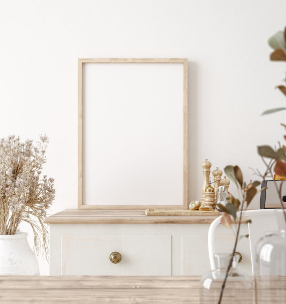 在厨房内部模拟海报框架，农舍风格图片下载