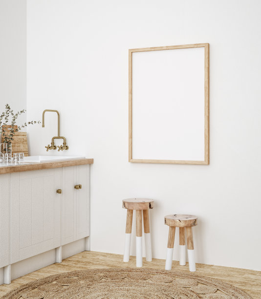 在厨房内部模拟海报框架，农舍风格图片下载