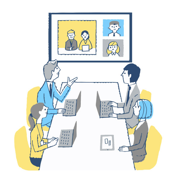 商务人士在会议室和网上开会图片下载