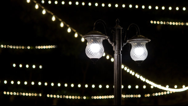 黑色的铁制灯柱，两盏玻璃灯罩，背景是白光，一圈带着暖光的花环，没有人。图片下载