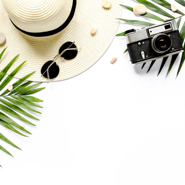 旅行者的配饰，白色背景上的热带棕榈叶树枝。旅游度假的概念。夏天的背景。道路框架集。平躺，俯视图图片下载