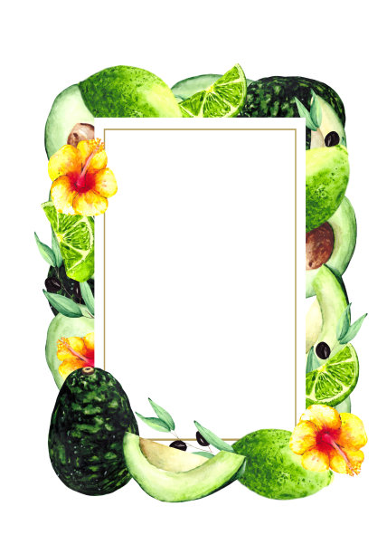 美味的框架成熟鳄梨，酸橙，橄榄和热带花卉。水彩构成的白色背景与空间的文字明信片，邀请，和海报。图片下载