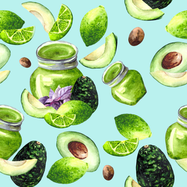 玻璃罐内的绿鳄梨、酸橙、新鲜罗勒和香蒜沙司，搭配得天衣无缝。水彩背景用美丽的水果和蔬菜结合在一起的主题食物。图片下载