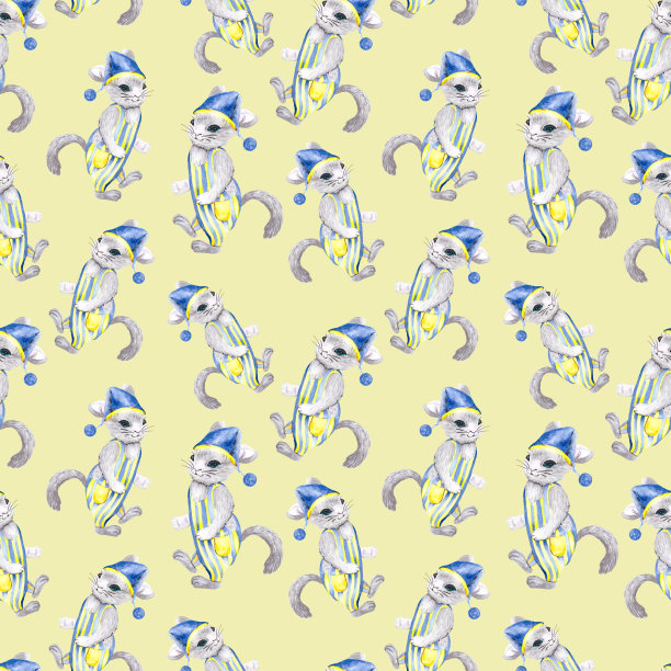 无缝图案与可爱的猫在条纹睡衣和蓝色的帽子。水彩画一个有趣的角色。约束的背景配色方案，用于儿童的壁纸，纺织品或包装。图片下载