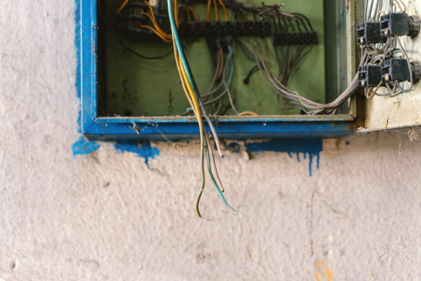 在一片混乱的背景下，一个废弃和毁坏的工厂里，旧的拆卸和生锈的电子面板组件。破坏和破坏。图片下载