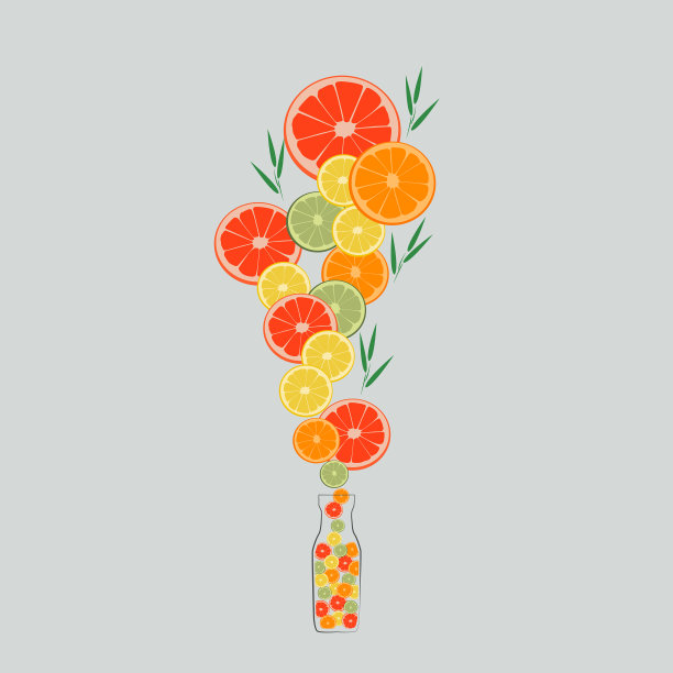 想象一下，柑橘类水果掉进了果汁瓶里图片下载