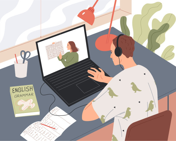 学生在线学习，在笔记本电脑屏幕上观看课程。图片下载