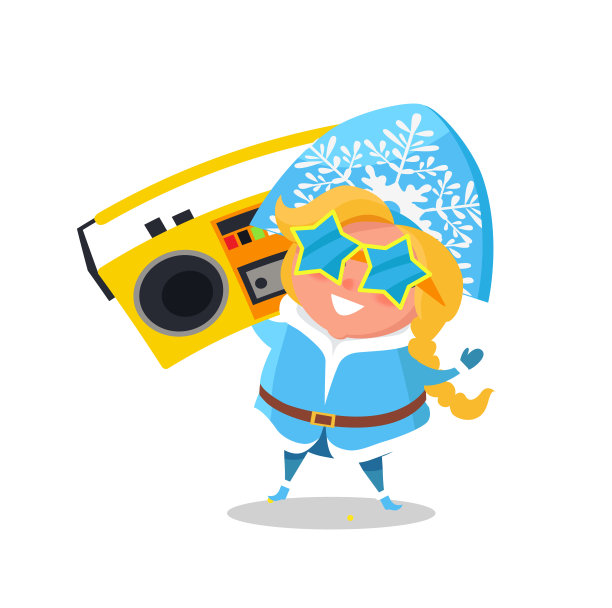 雪少女与唱片播放器矢量插图图片下载