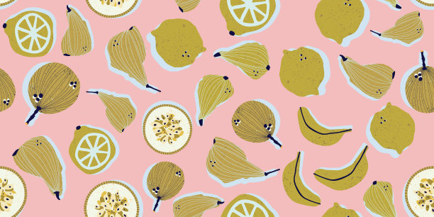 彩色手绘梨，香蕉，百香果，柠檬和酸橙矢量无缝模式。当代明亮的夏季背景与时尚的颜色图片下载