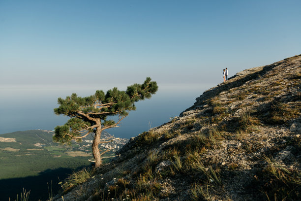 一对迷人的年轻相爱的男女在绿色的山景图片下载